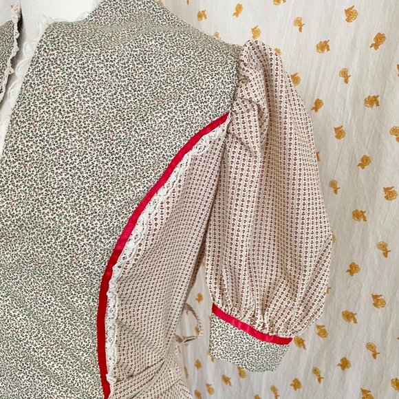 Handmade Prairie Dress Cottagecore Small Red Green Lace Puff Sleeve Vintage - Picture 3 of 7